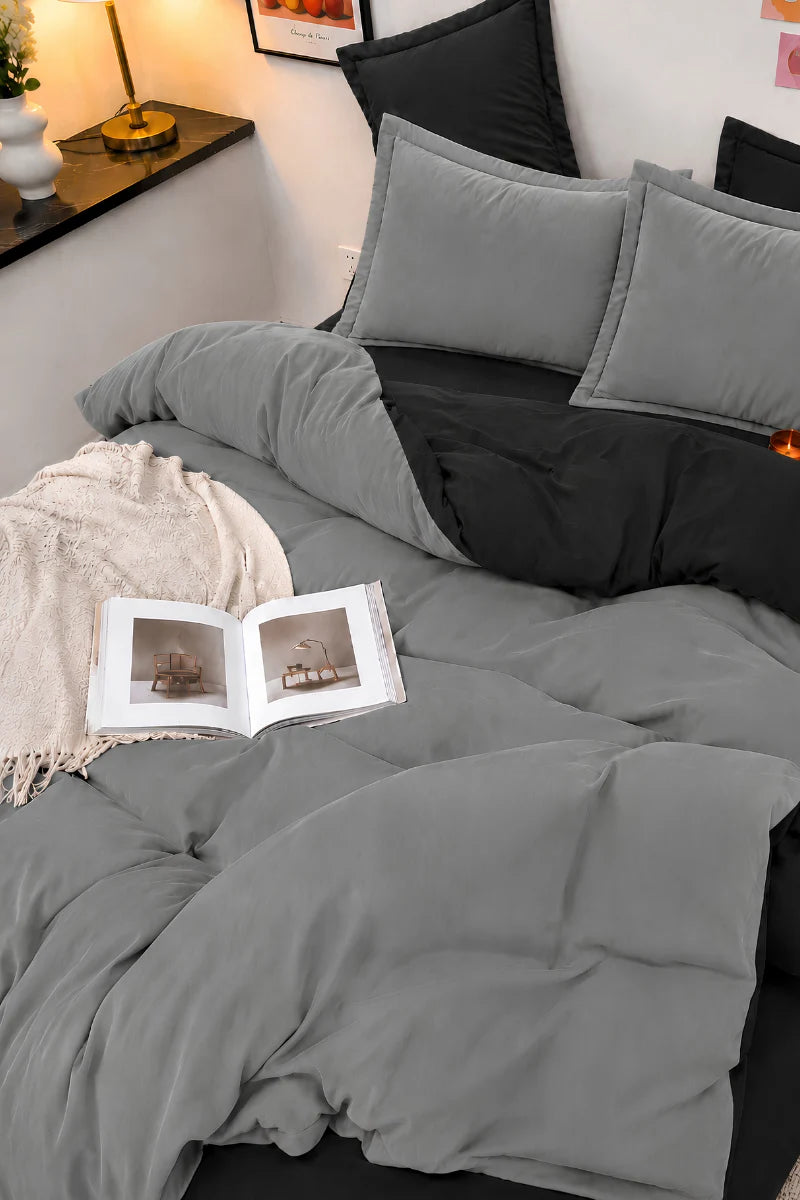 Black & Silver Grey Reversible 6-Piece Duvet Cover Set