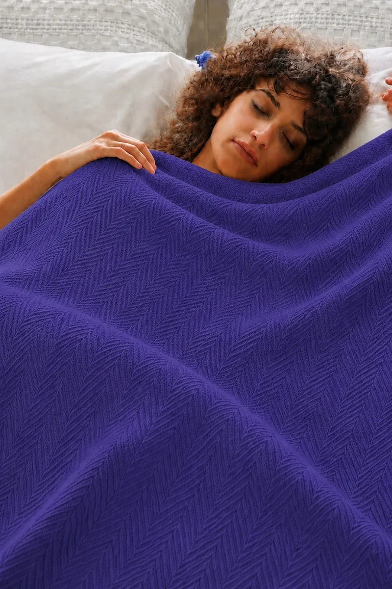 Navy Blue Thermal Cotton Blanket - Zig-Zag Chevron Texture