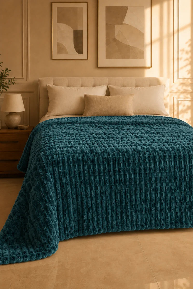 Deep Teal Blue Textured Plush Blanket