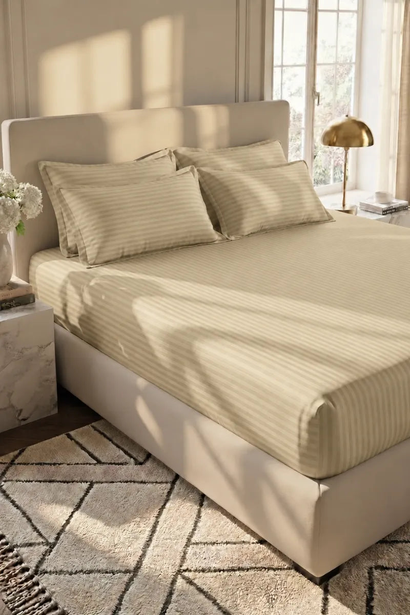 Champagne Beige Stripe Fitted Bedsheet - King Size