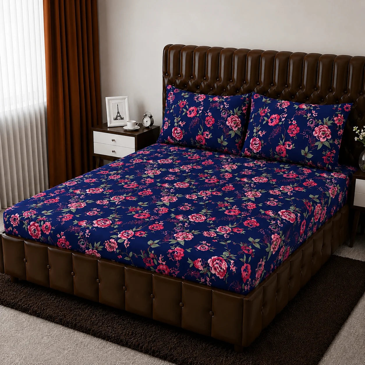 Floral Micro Cotton Fitted Sheet Set 72×78 + 10” with Matching Pillow Cover
