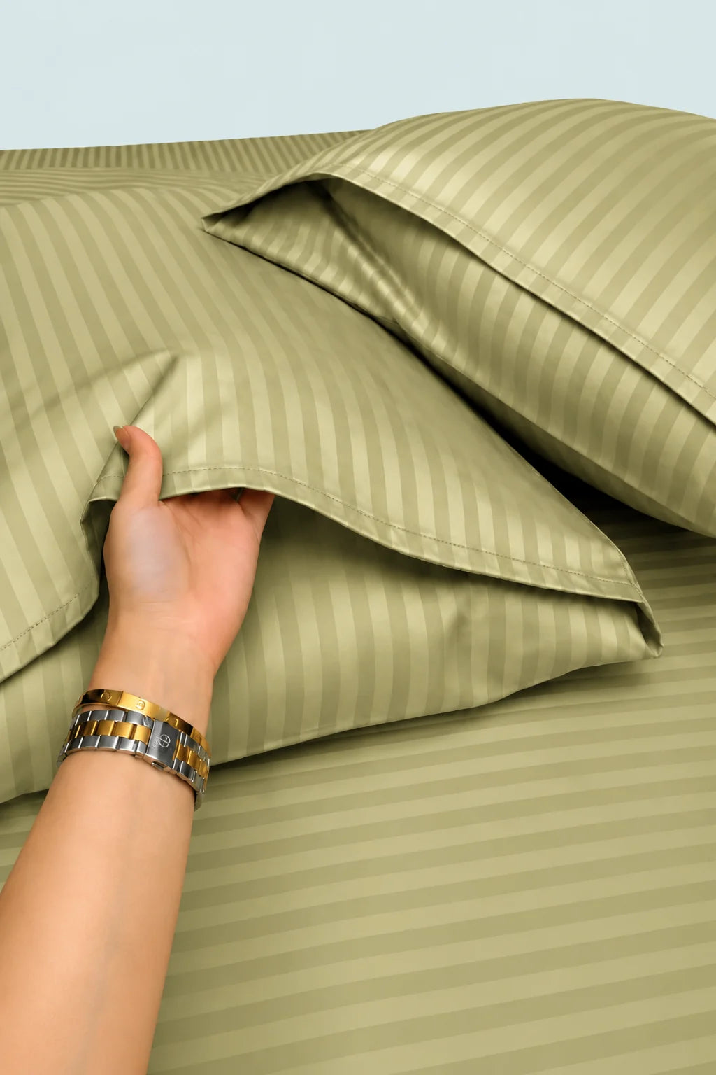 Light Olive Green Stripe Fitted Bedsheet - King Size