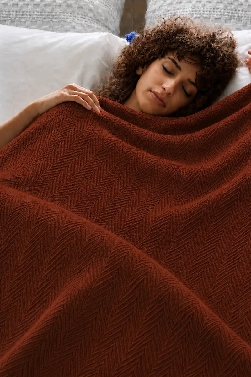 Terracotta Brown Thermal Cotton Blanket - Zig-Zag Chevron Texture