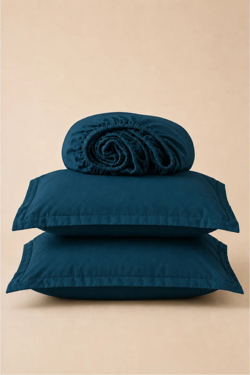 Deep Ocean Blue Solid 3-Piece Bedsheet Set