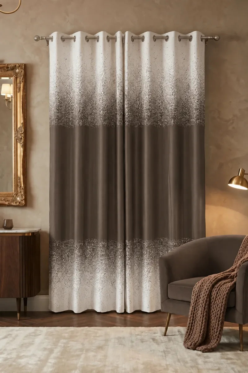 Mocha Brown (#7E7464) Speckled Ombre Velvet Curtains – Set of 2 Panels