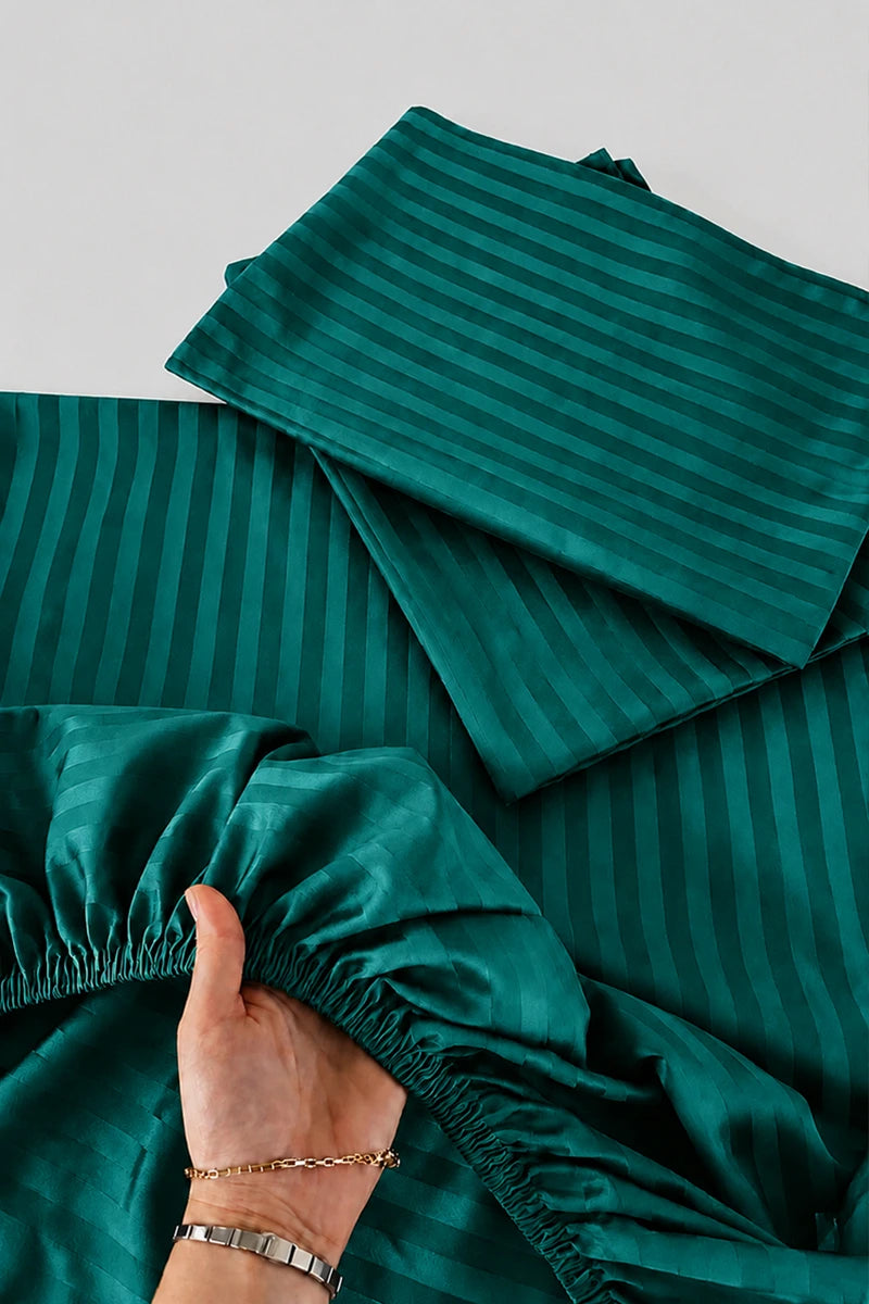 Deep Teal Green Stripe Fitted Bedsheet - King Size