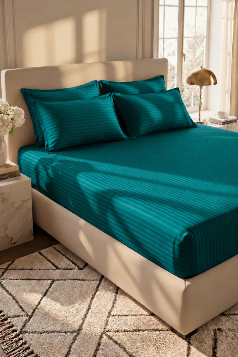 Deep Teal Stripe Fitted Bedsheet - King Size