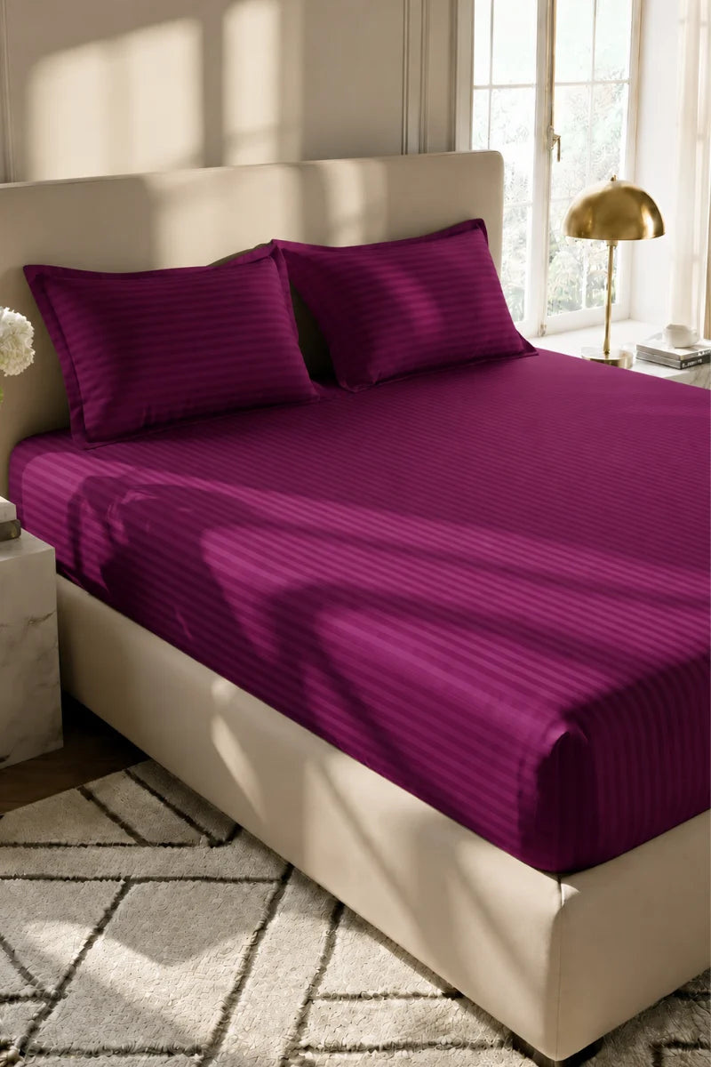 Magenta Purple Stripe Fitted Bedsheet - King Size