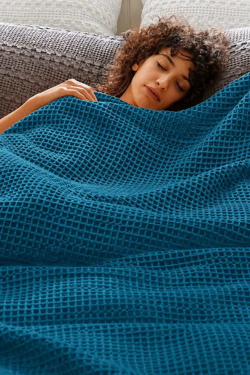 Teal Blue Cotton Blanket – Breathable Waffle Texture