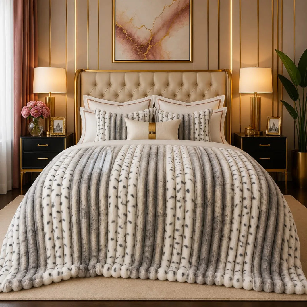 Luxury Silver Grey & Cream Spotted Fur Bubble Design Fluffy Fleece Double Bed AC Blanket (220 GSM)
