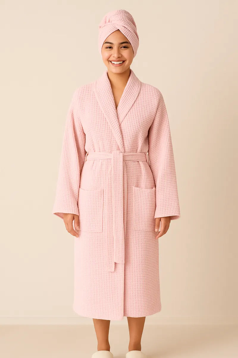 Waffle Weave Bathrobe & Hair Turban Set – Lightweight, Breathable 100% Cotton
