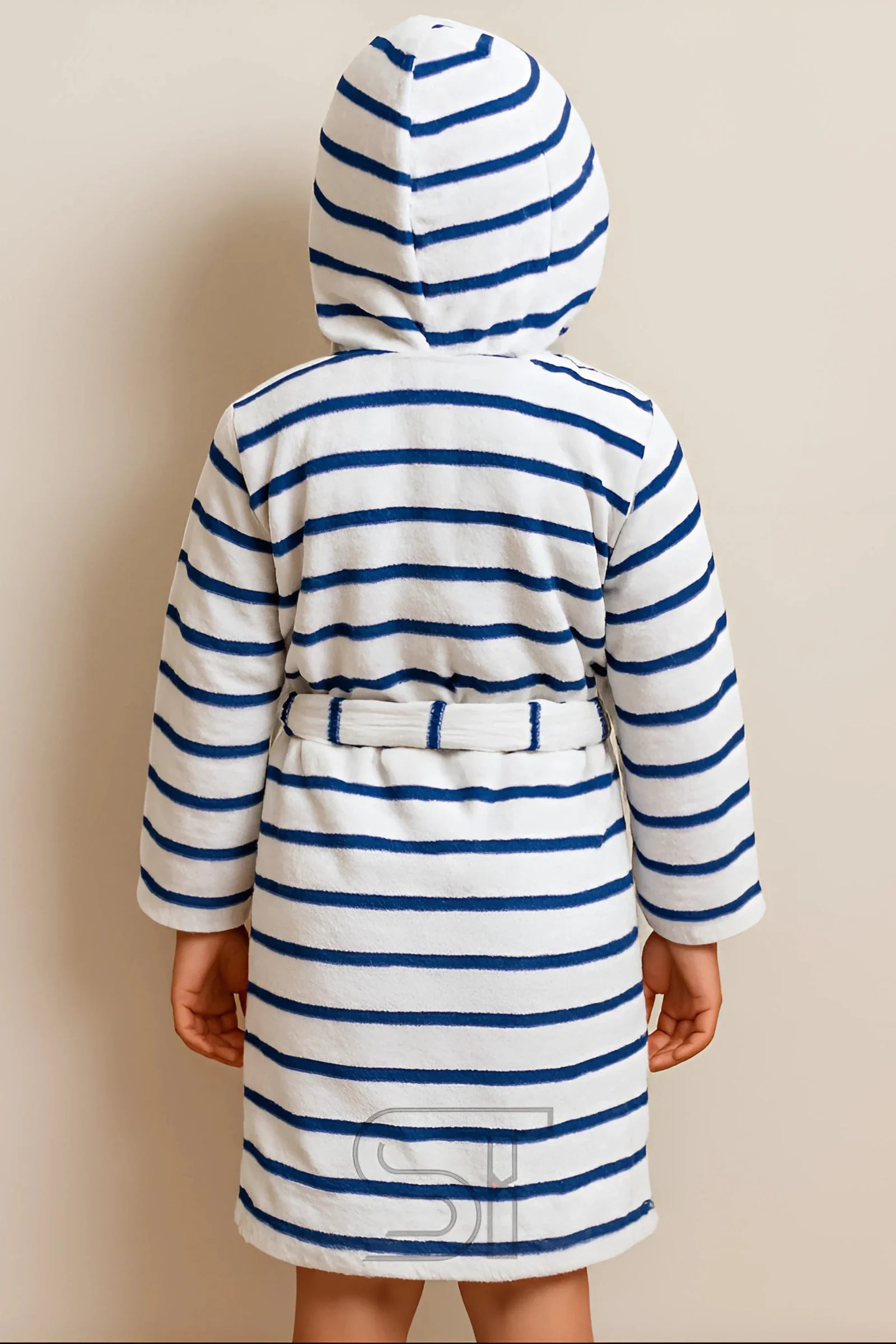 Kids Cotton Velvet Bathrobes (Blue & White Stripes)