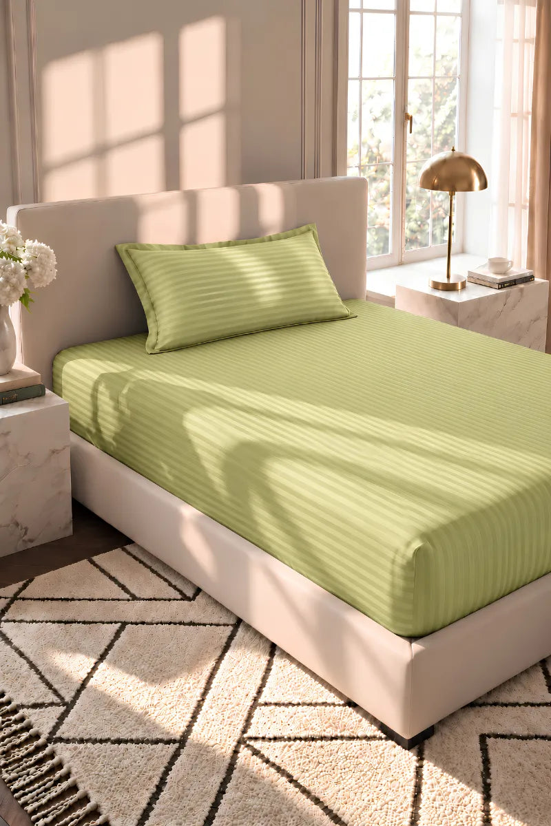 Pistachio Green Stripe Fitted Bedsheet - King Size