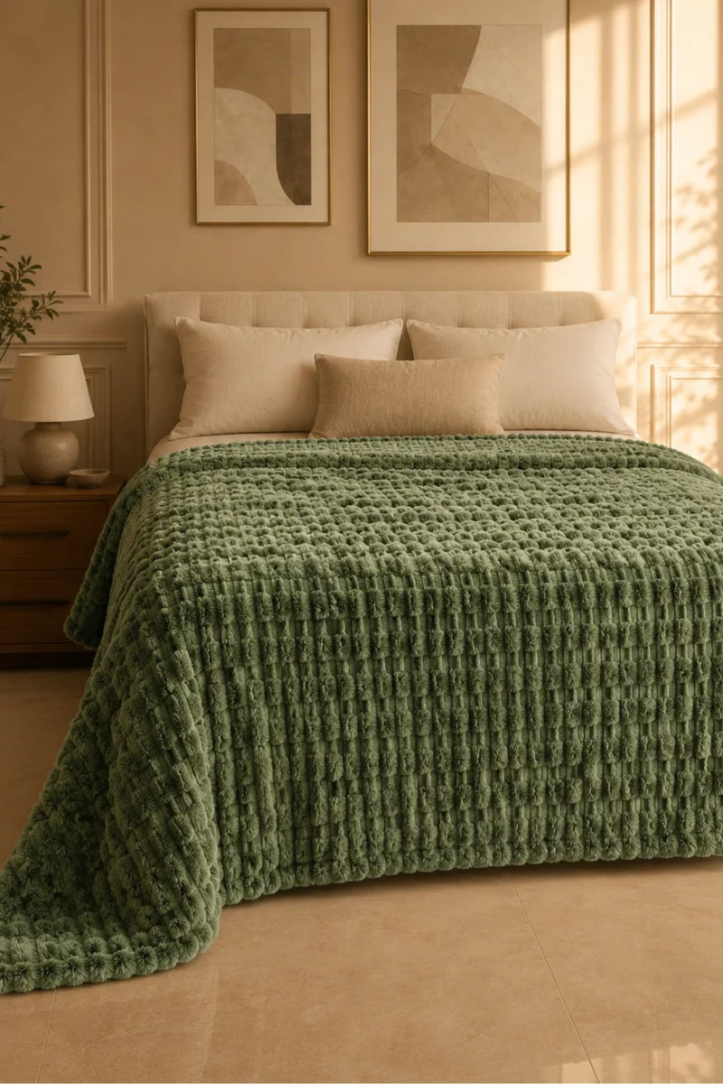 Olive Green Textured Plush Blanket