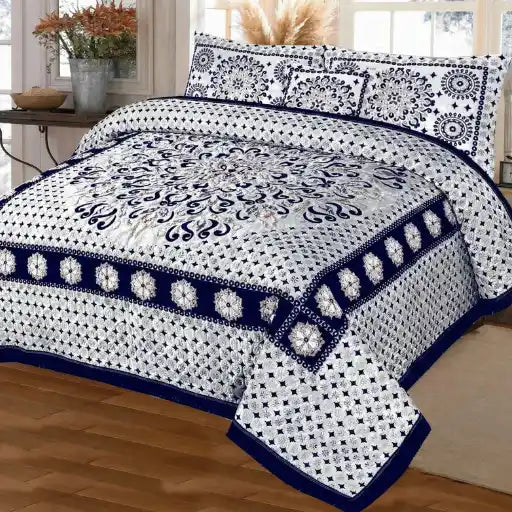 Premium Fomi Four Border Jacquard Bed Sheet Set – 5 Pcs: 1 Fomi Bed Sheet, 2 Pillow Covers, 1 Cushion Cover