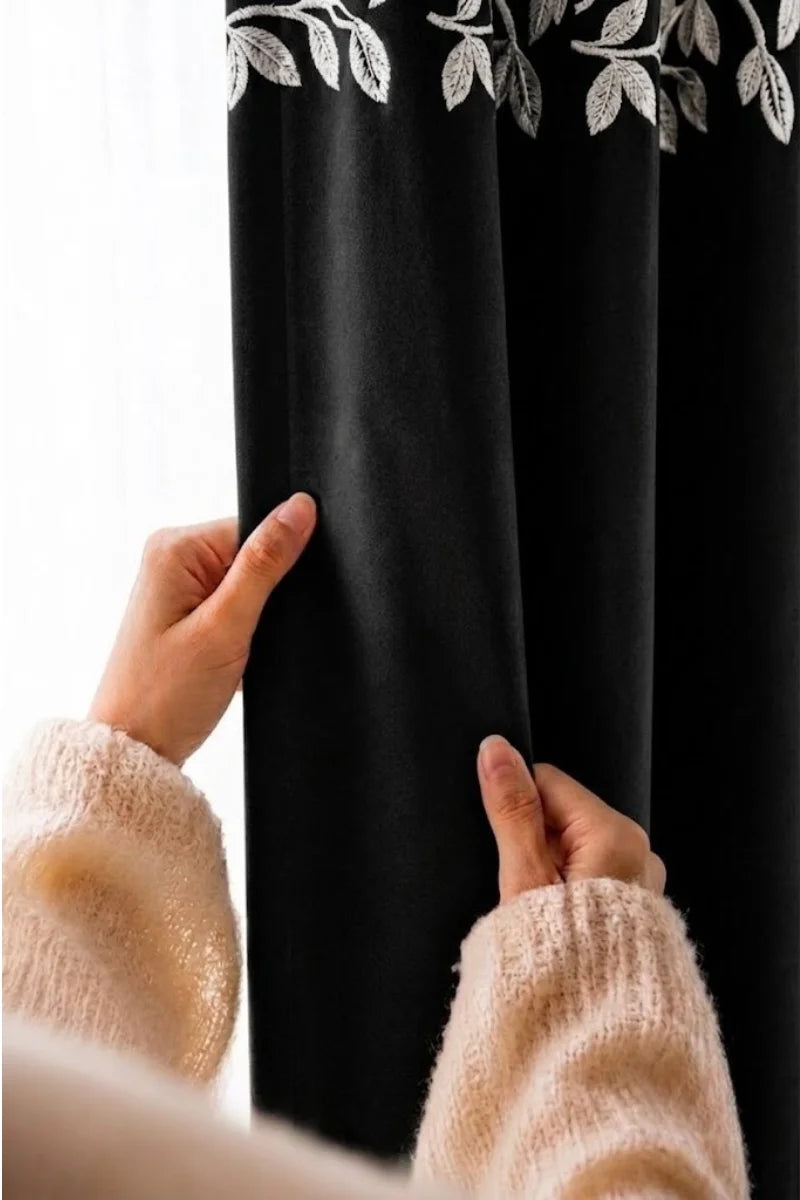 Black Floral Vine Velvet Curtains – Set of 2 Panels