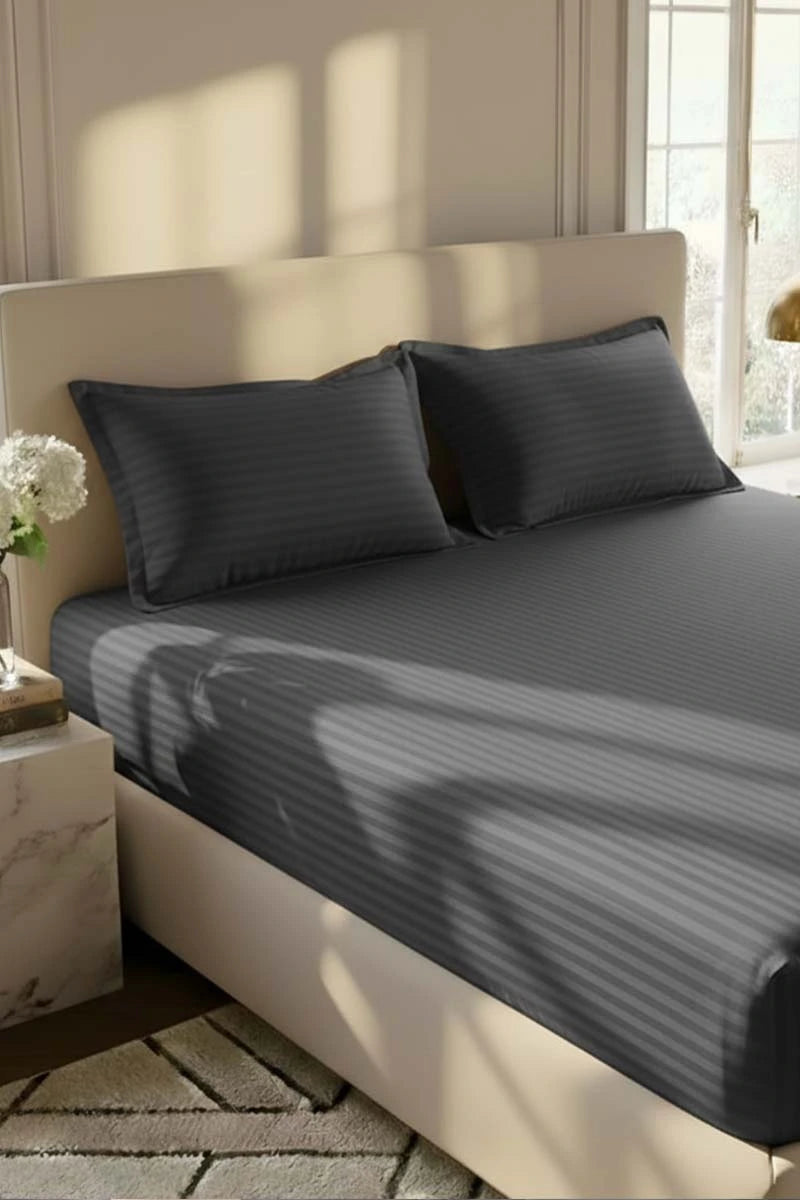 Charcoal Grey Stripe Fitted Bedsheet - King Size