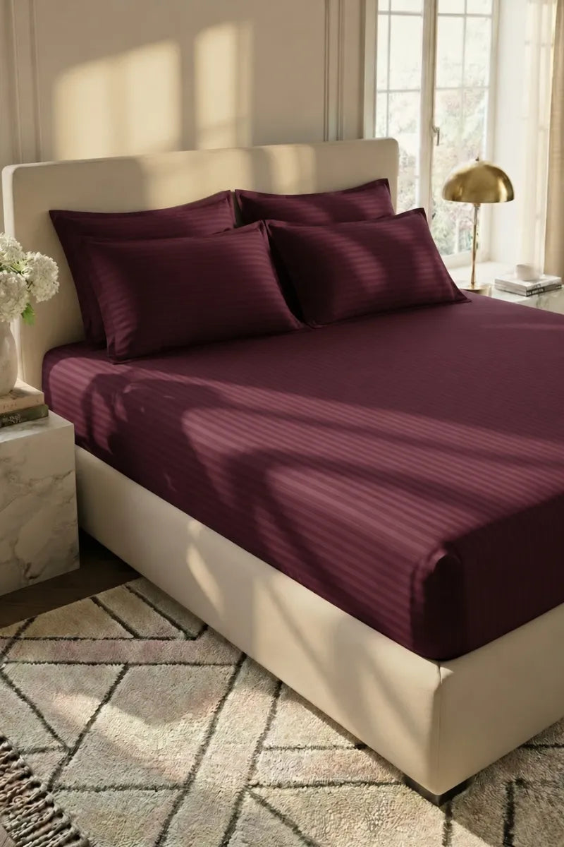 Maroon Red Stripe Fitted Bedsheet - King Size