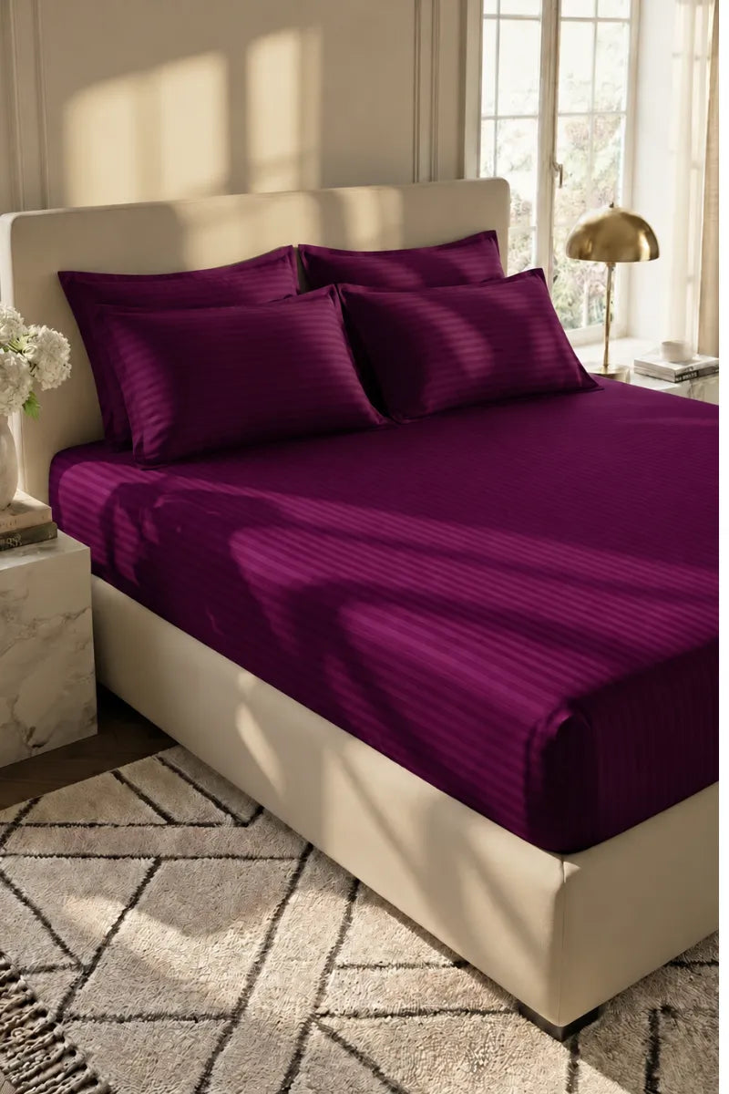 Royal Plum Stripe Fitted Bedsheet - King Size