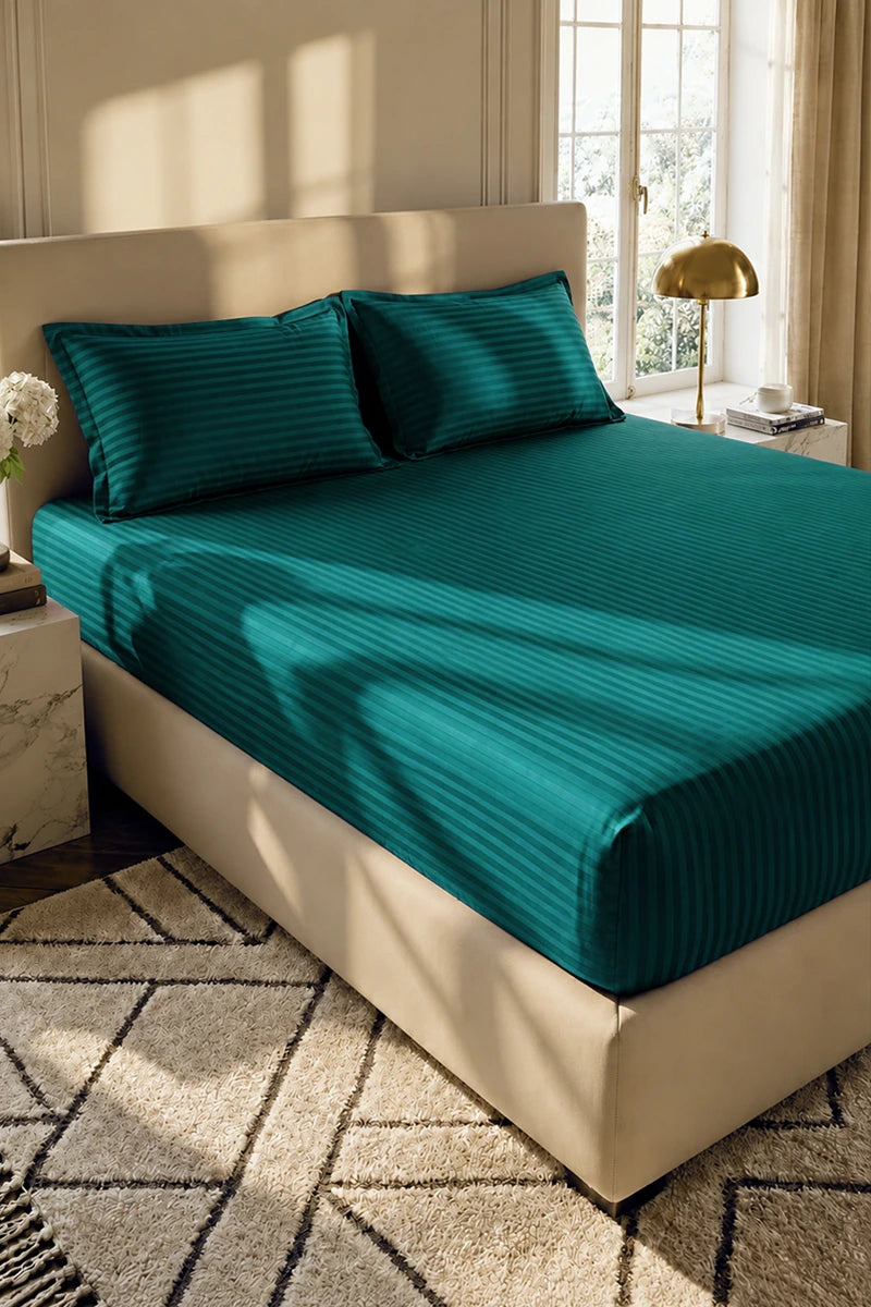 Deep Teal Green Stripe Fitted Bedsheet - King Size