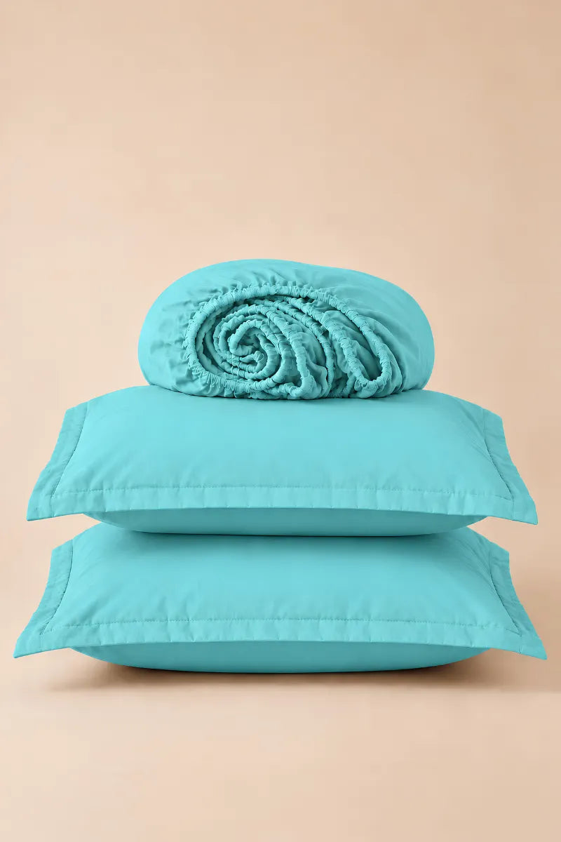 Aqua Blue Solid 3-Piece Bedsheet Set