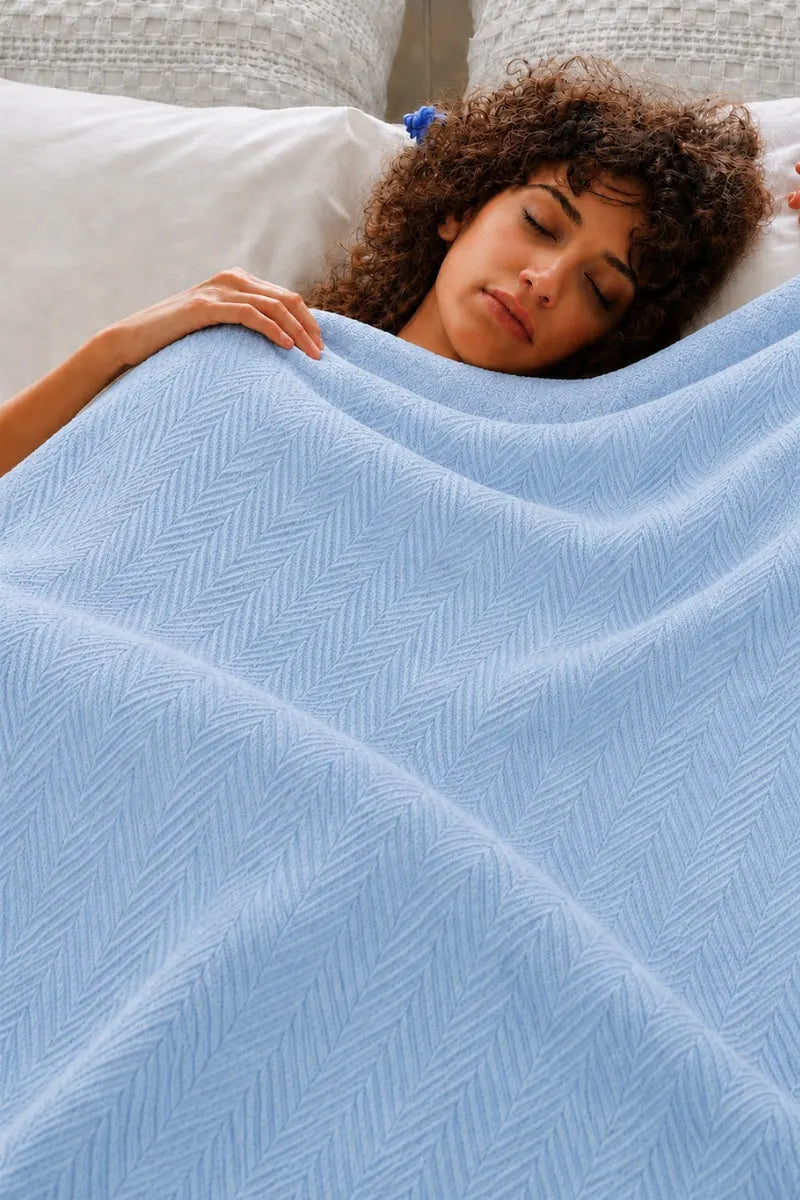 Sky Blue Thermal Cotton Blanket - Zig-Zag Chevron Texture
