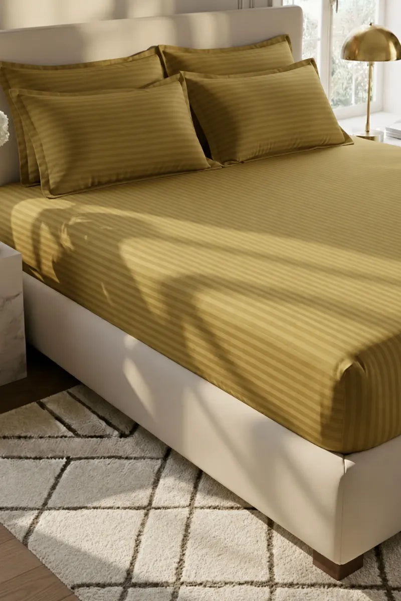 Antique Gold Stripe Fitted Bedsheet - King Size