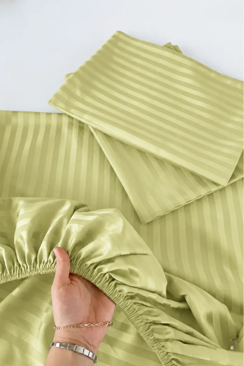 Pistachio Green 5-Piece Stripe Fitted Bedsheet Set – King Size