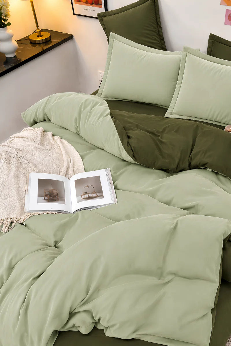Olive Green & Sage Reversible 6-Piece Duvet Cover Set