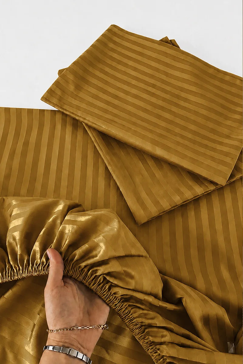 Mustard Brown Stripe Fitted Bedsheet - King Size