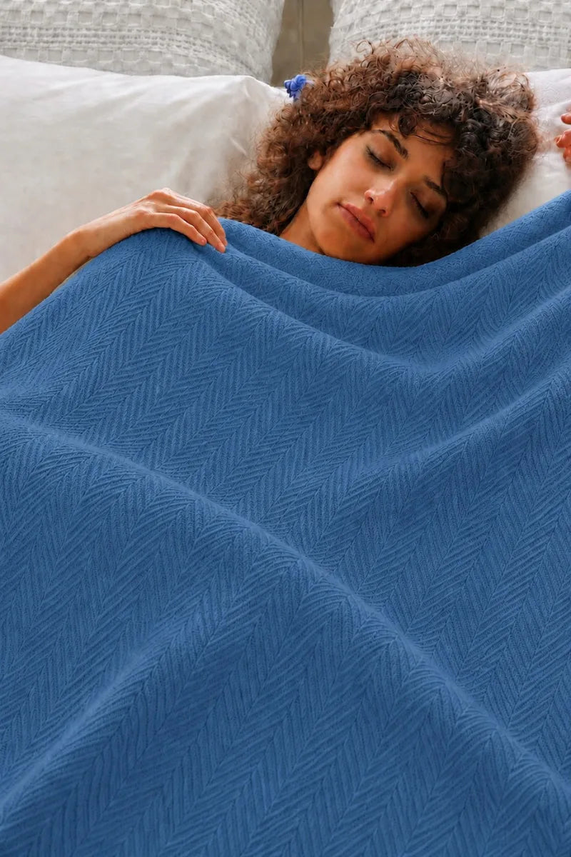 Denim Blue Thermal Cotton Blanket - Zig-Zag Chevron Texture