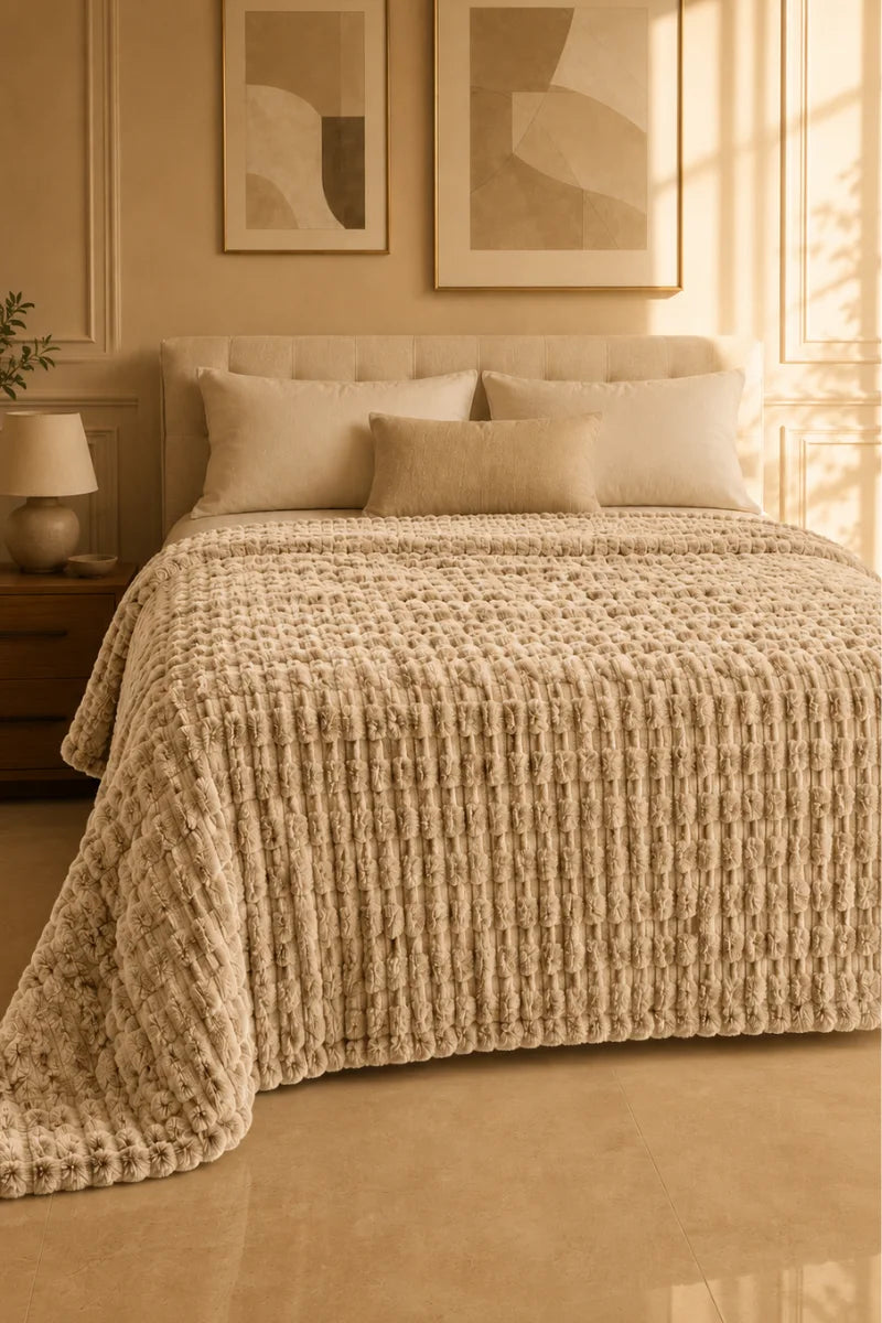 Cream Beige Textured Plush Blanket