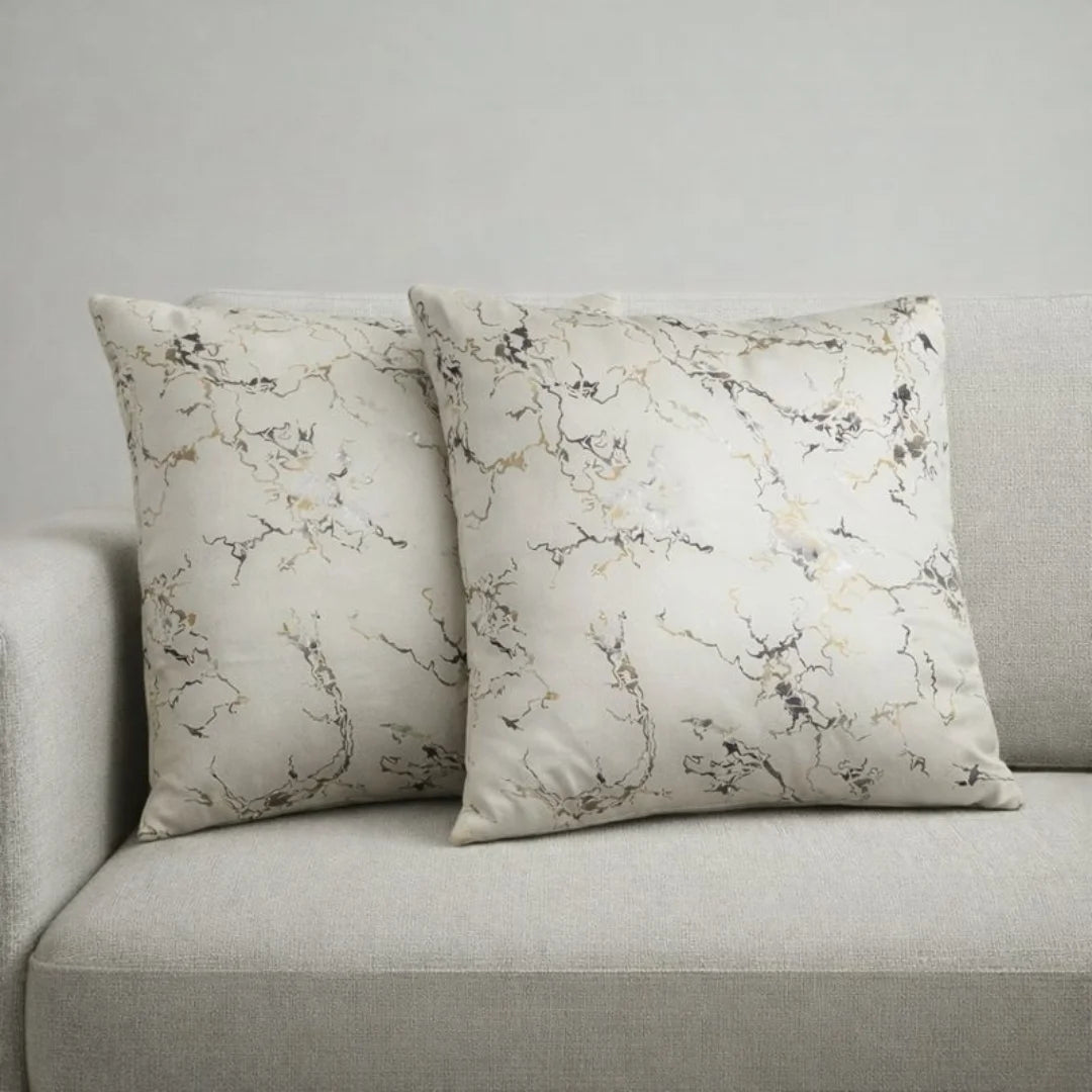 White Silver Marble Velvet Cushion – Premium Texture & Hidden Zip (Pack of 2)