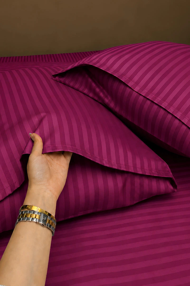 Plum Magenta Stripe Fitted Bedsheet - King Size