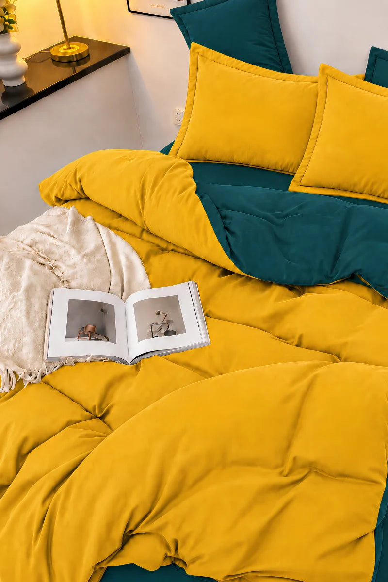 Deep Teal & Mustard Yellow Reversible 6-Piece Duvet Cover Set