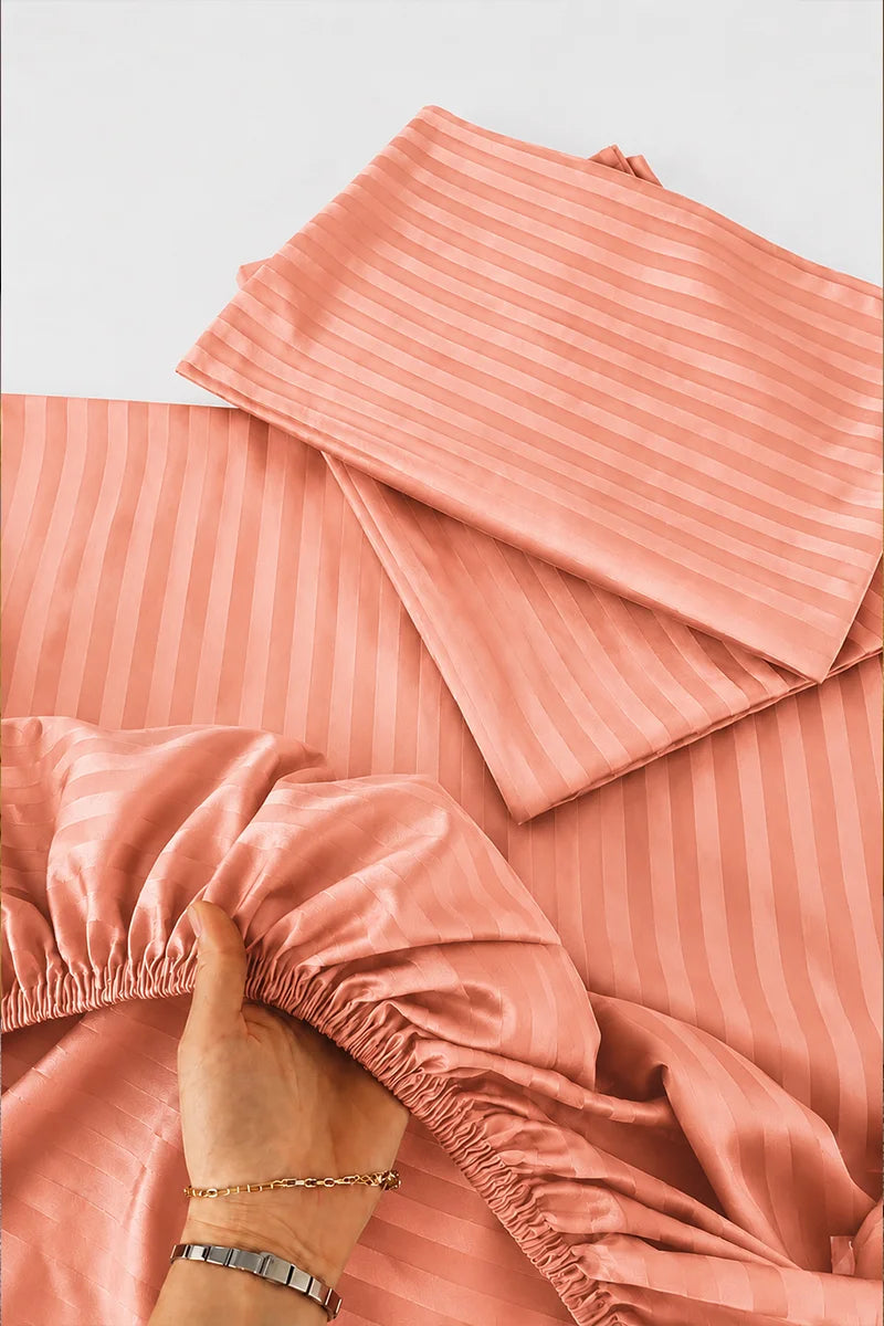 Peach Coral Stripe Fitted Bedsheet - King Size