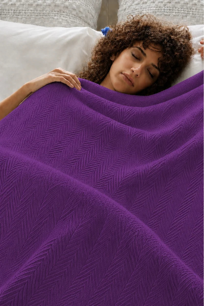 Plum Purple Thermal Cotton Blanket - Zig-Zag Chevron Texture