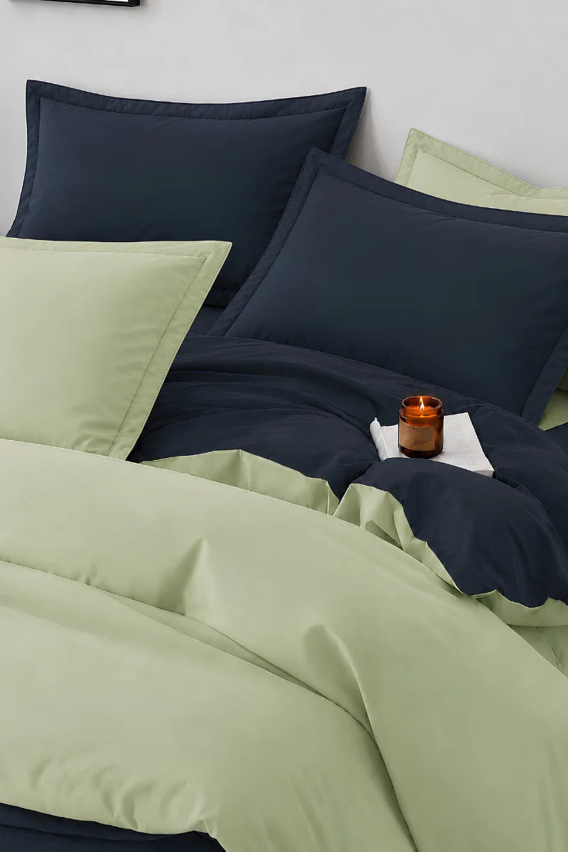 Navy Blue & Sage Green Reversible 6-Piece Duvet Cover Set