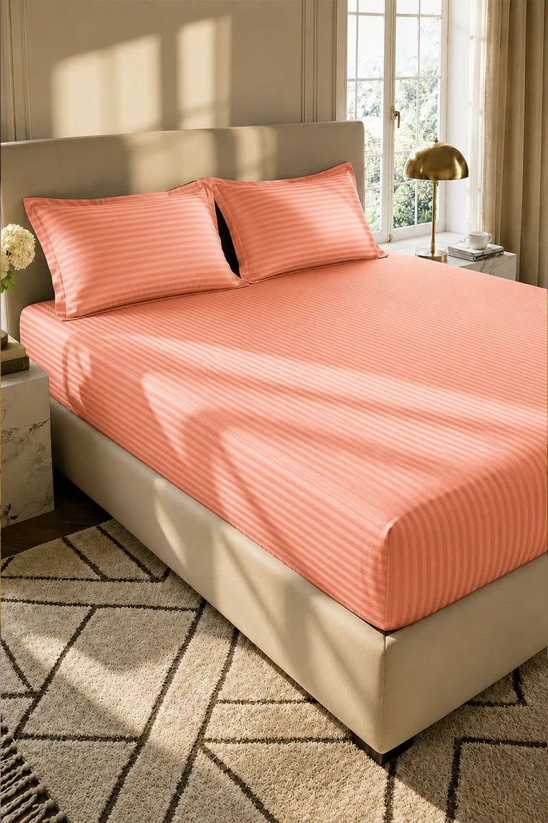 Peach Coral Stripe Fitted Bedsheet - King Size