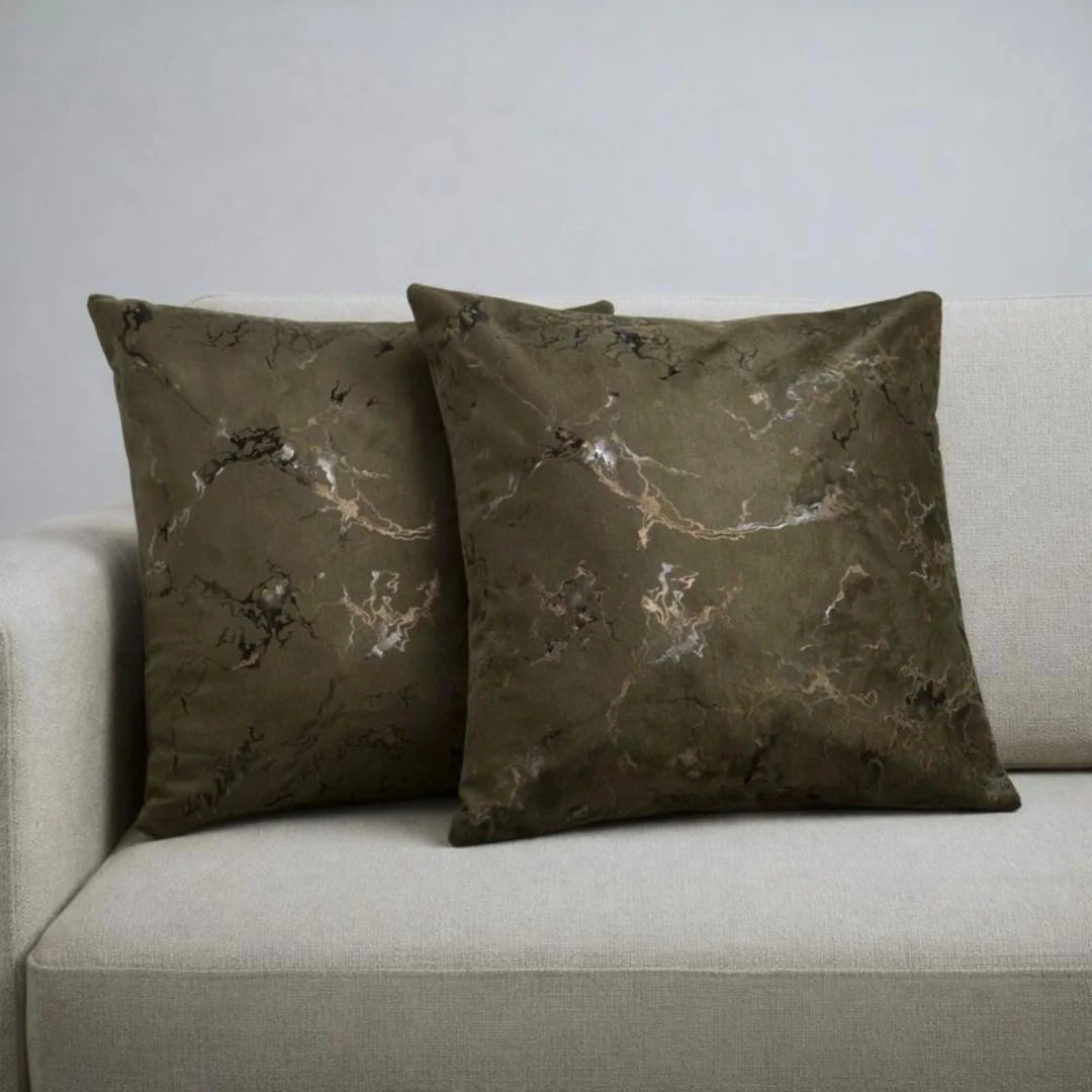 Khaki Gray Marble Velvet Cushion – Premium Texture & Hidden Zip (Pack of 2)