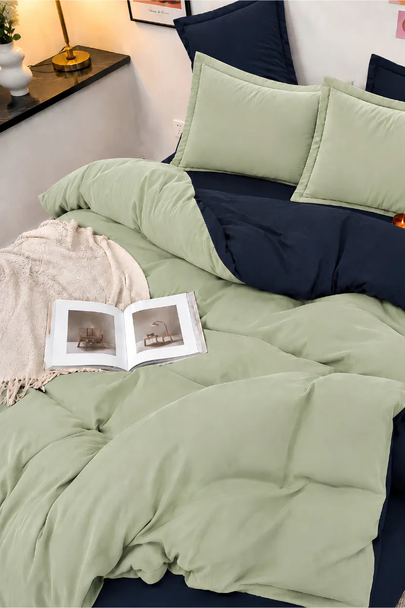 Navy Blue & Sage Green Reversible 6-Piece Duvet Cover Set