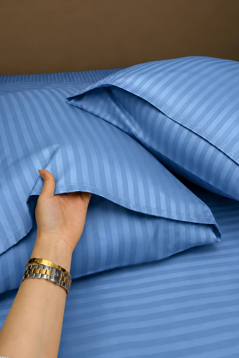 Aqua Blue Stripe Fitted Bedsheet - King Size