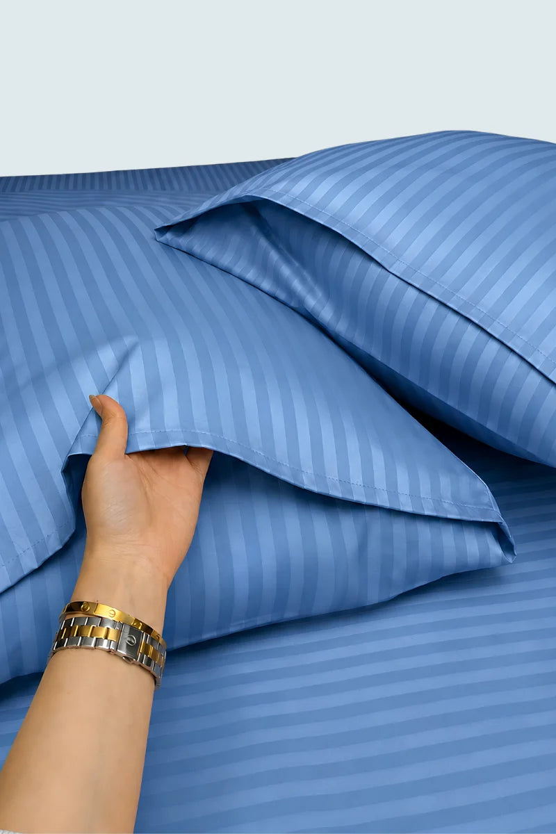 Aqua Blue Stripe Fitted Bedsheet - King Size