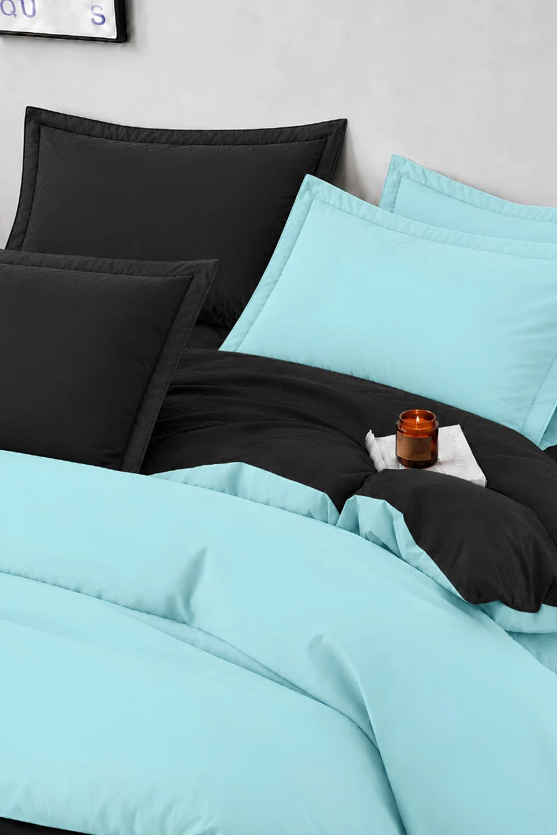 Black & Aqua Blue Reversible 6-Piece Duvet Cover Set