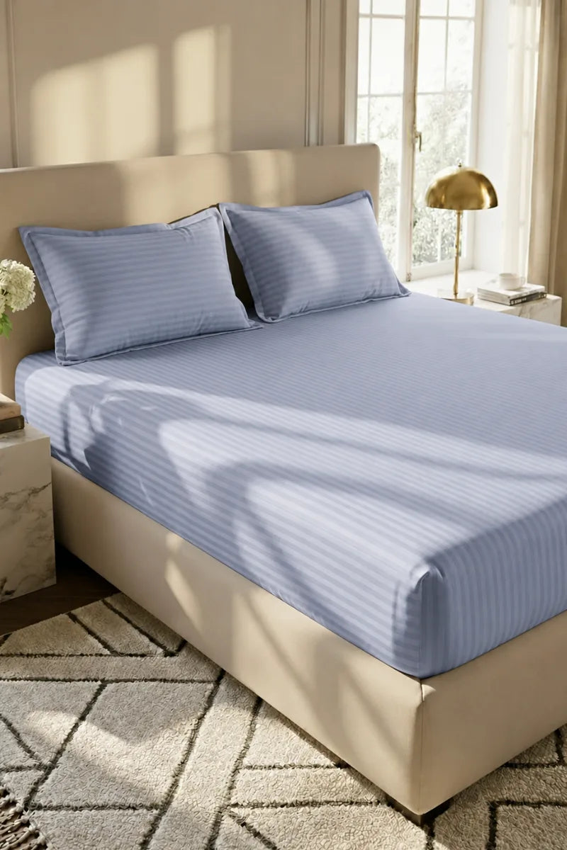 Ice Blue Stripe Fitted Bedsheet - King Size