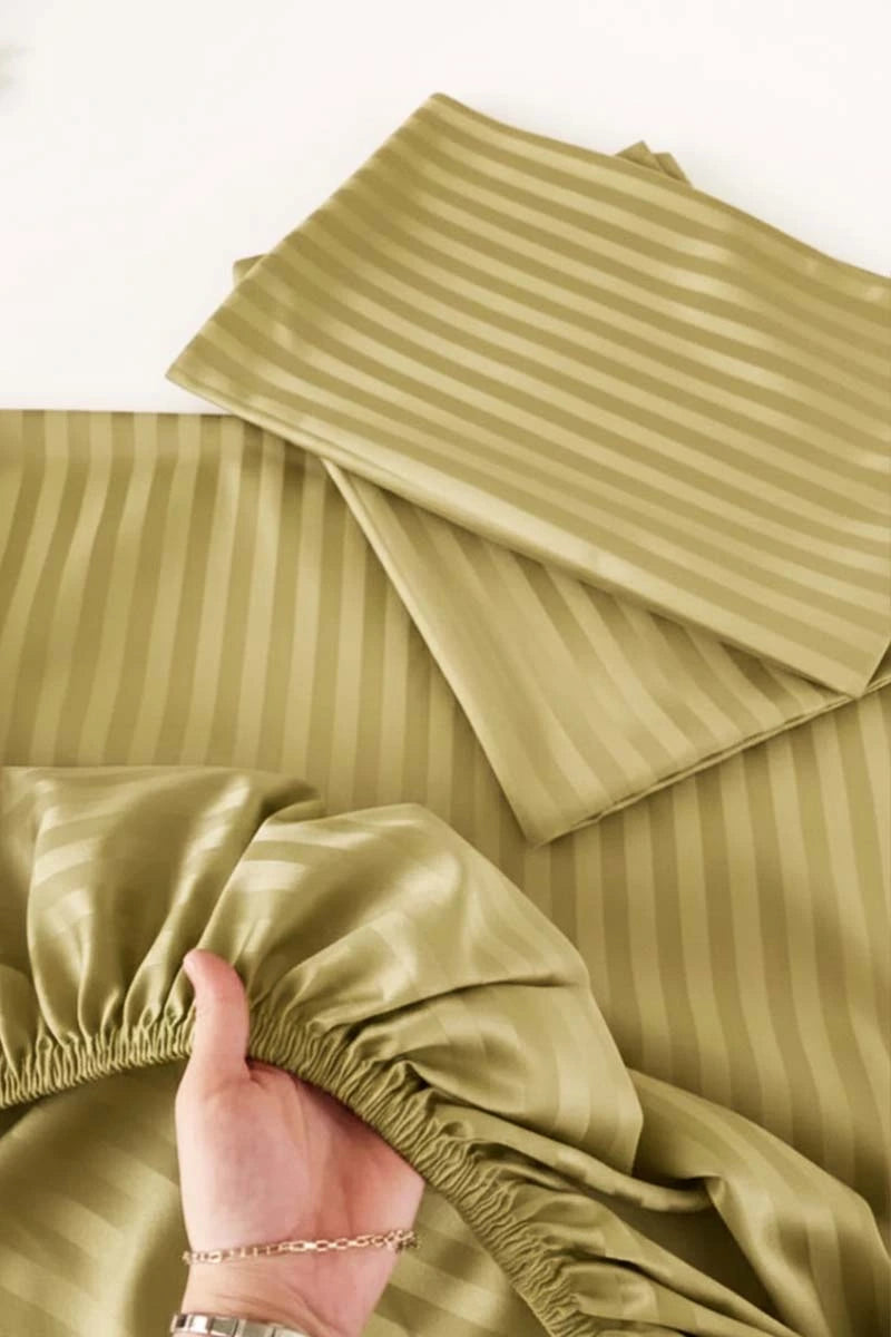 Olive Green Stripe Fitted Bedsheet - King Size