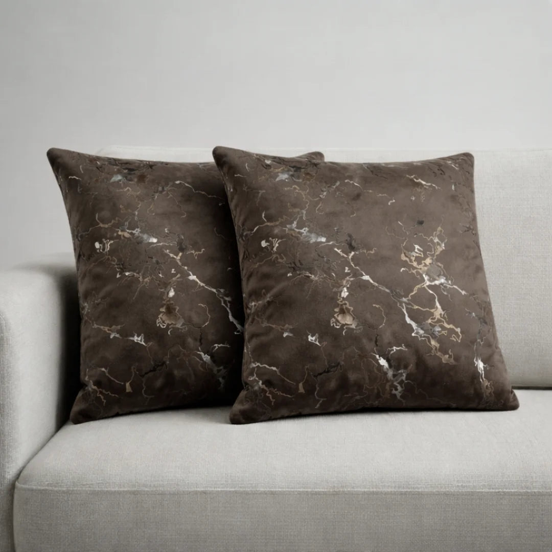 Dark Brown Marble Velvet Cushion – Premium Texture & Hidden Zip (Pack of 2)