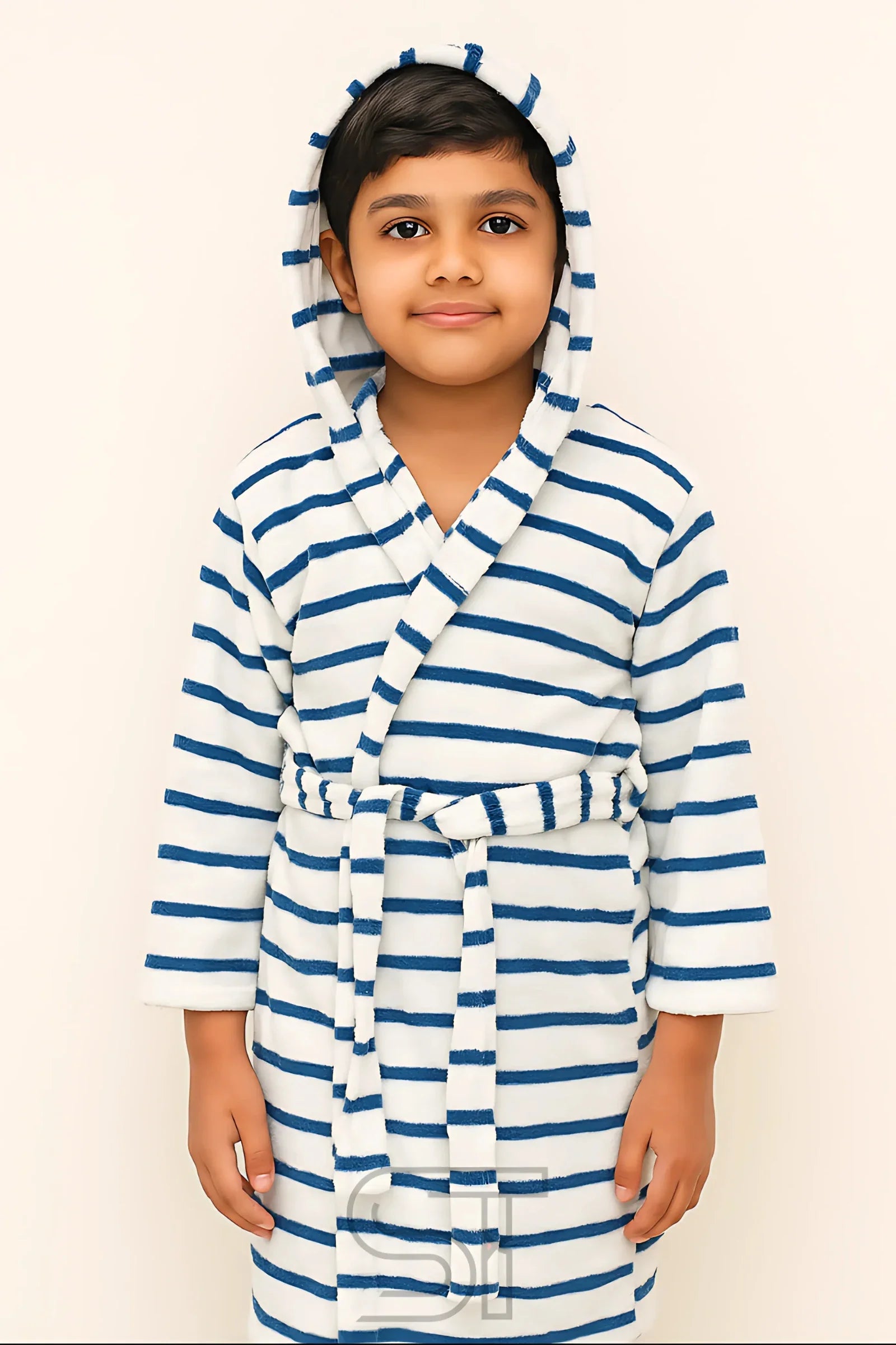 Kids Cotton Velvet Bathrobes (Blue & White Stripes)