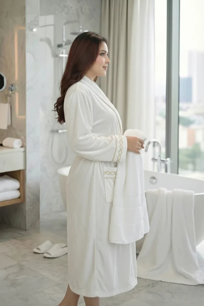 Luxury Velvet Embroidery Unisex Bathrobe – 100% Cotton with Slipper & Towel