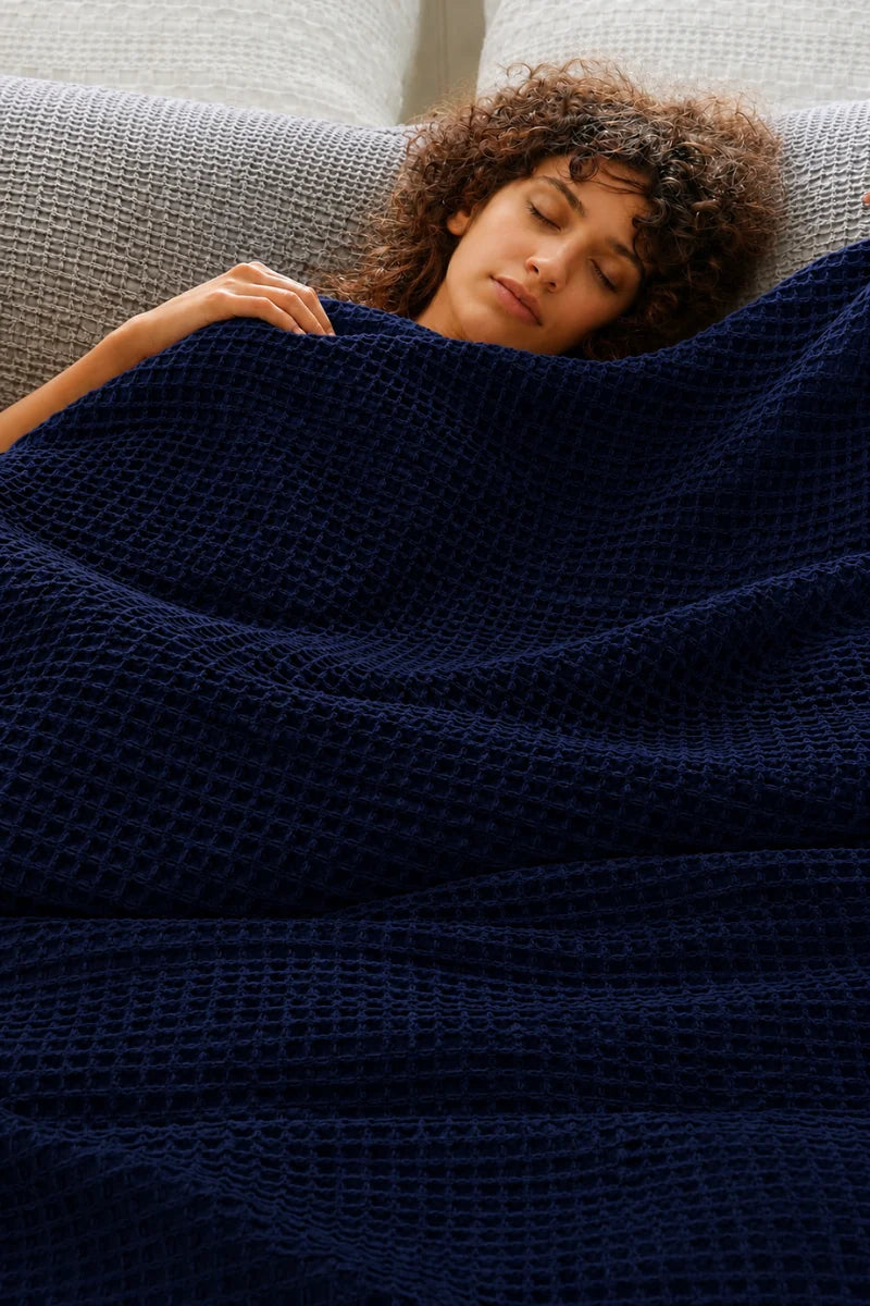 Navy Blue Cotton Blanket – Breathable Waffle Texture